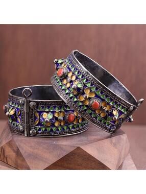 Pair Antique Sterling 925 Silver Berber Corals and Enamel Moroccan Bracelets